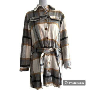 Womens Plaid Shacket Jacket Lapel Button Down Flannel Shirt Loose Fit Belted S